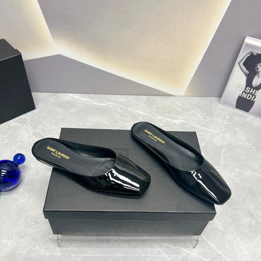 Luxury Saint Laurent SL SQUARE TOE FLAT MULES BLACK POLISHED CALFSKIN