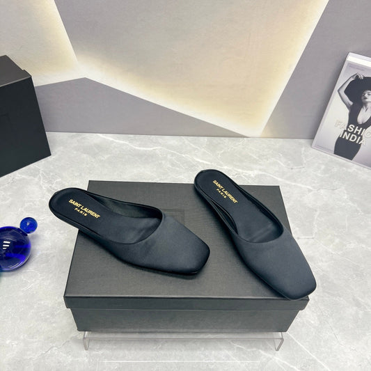 Luxury Saint Laurent SL SQUARE TOE FLAT MULES BLACK SATIN