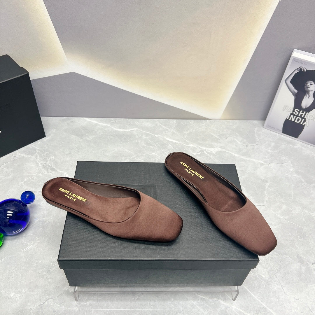 Luxury Saint Laurent SL SQUARE TOE FLAT MULES BROWN SATIN