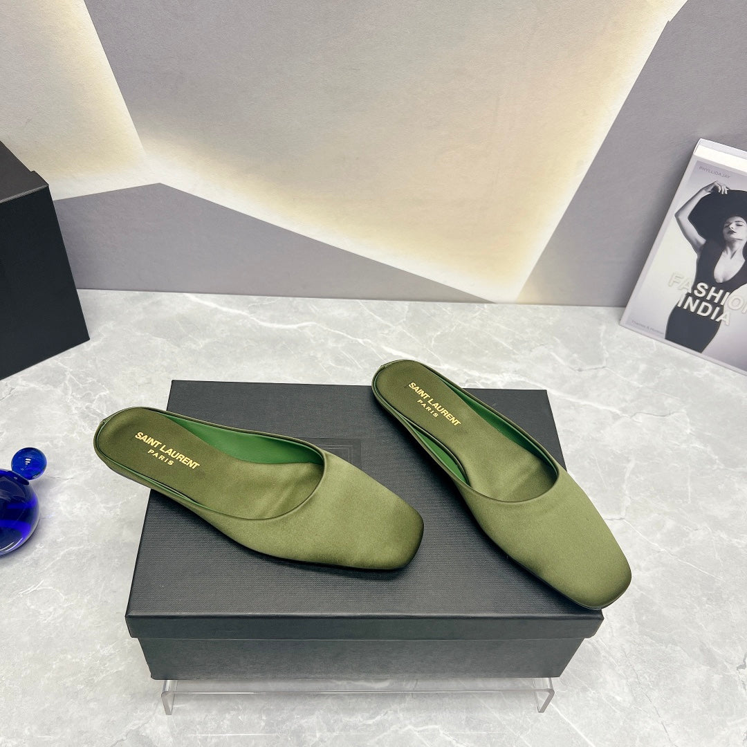 Luxury Saint Laurent SL SQUARE TOE FLAT MULES MOSS SATIN
