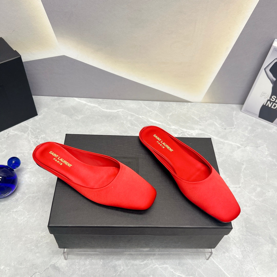 Luxury Saint Laurent SL SQUARE TOE FLAT MULES RED SATIN