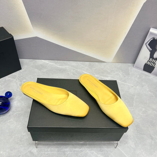 Luxury Saint Laurent SL SQUARE TOE FLAT MULES LEMON SATIN