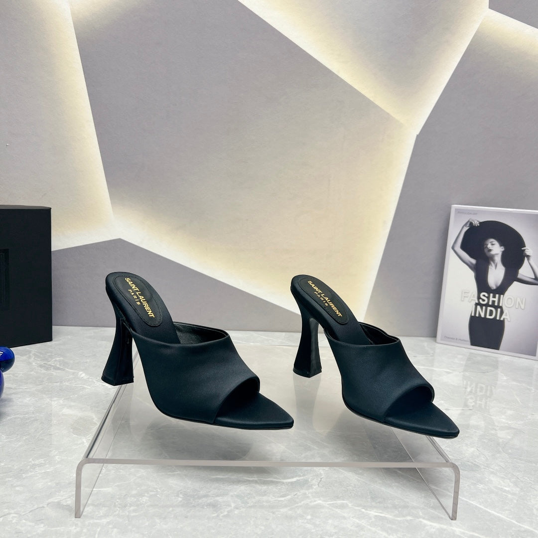 Luxury Saint Laurent SL GOLDIE MULES BLACK SATIN