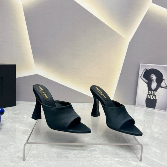 Luxury Saint Laurent SL GOLDIE MULES BLACK SATIN