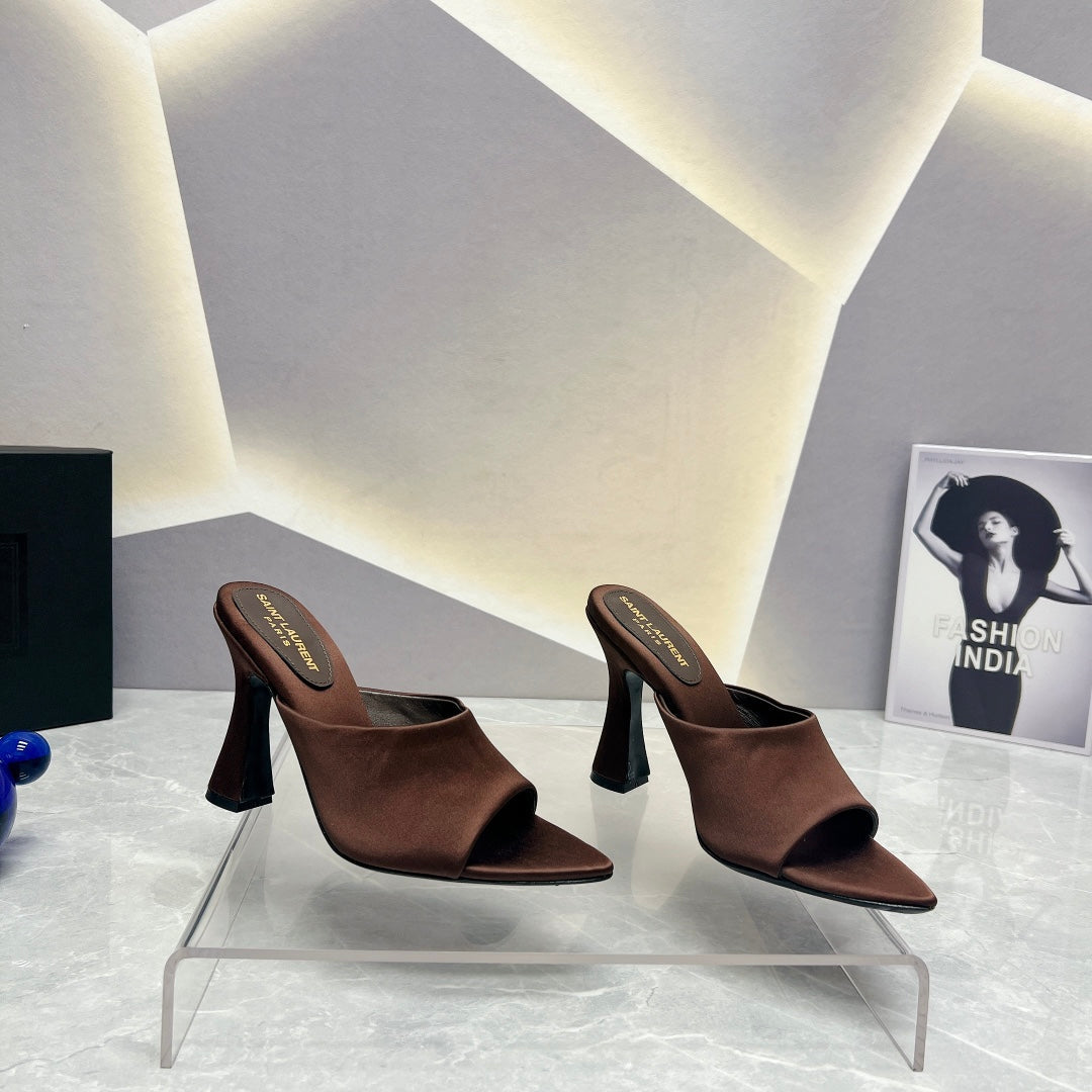 Luxury Saint Laurent SL GOLDIE MULES BROWN SATIN