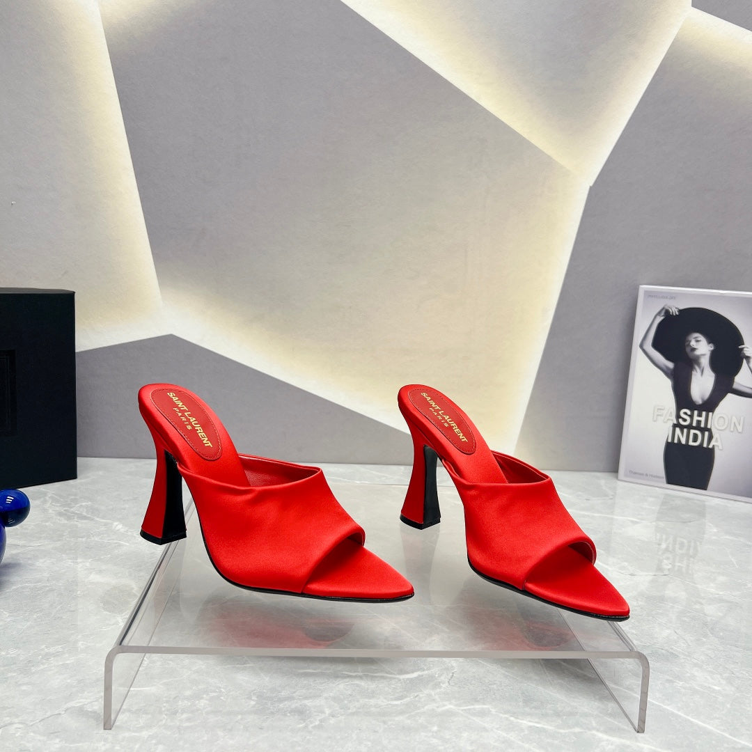 Luxury Saint Laurent SL GOLDIE MULES RED SATIN