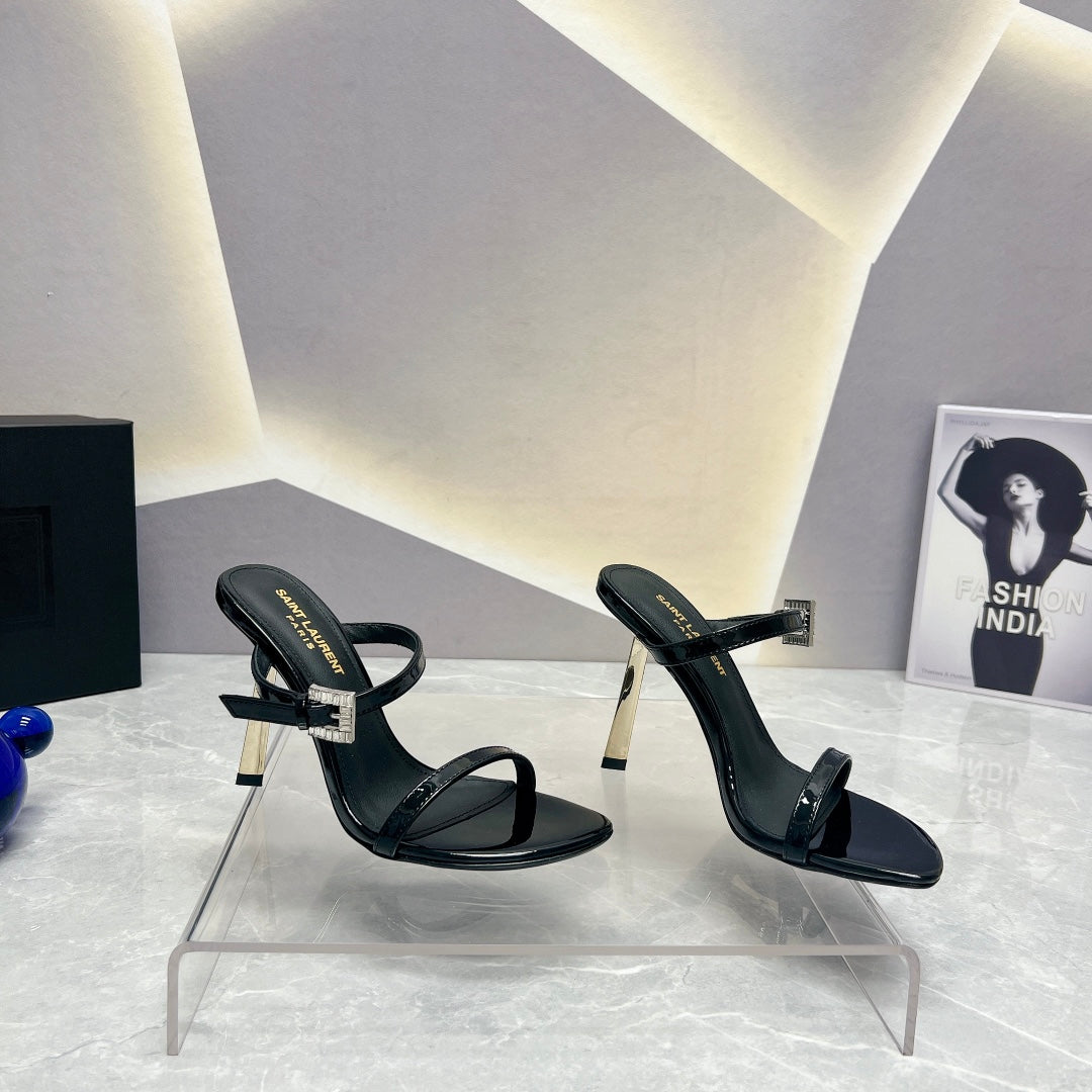 Luxury Saint Laurent SL CRYSTAL BUCKLE HIGH HEELS BLACK CALFSKIN