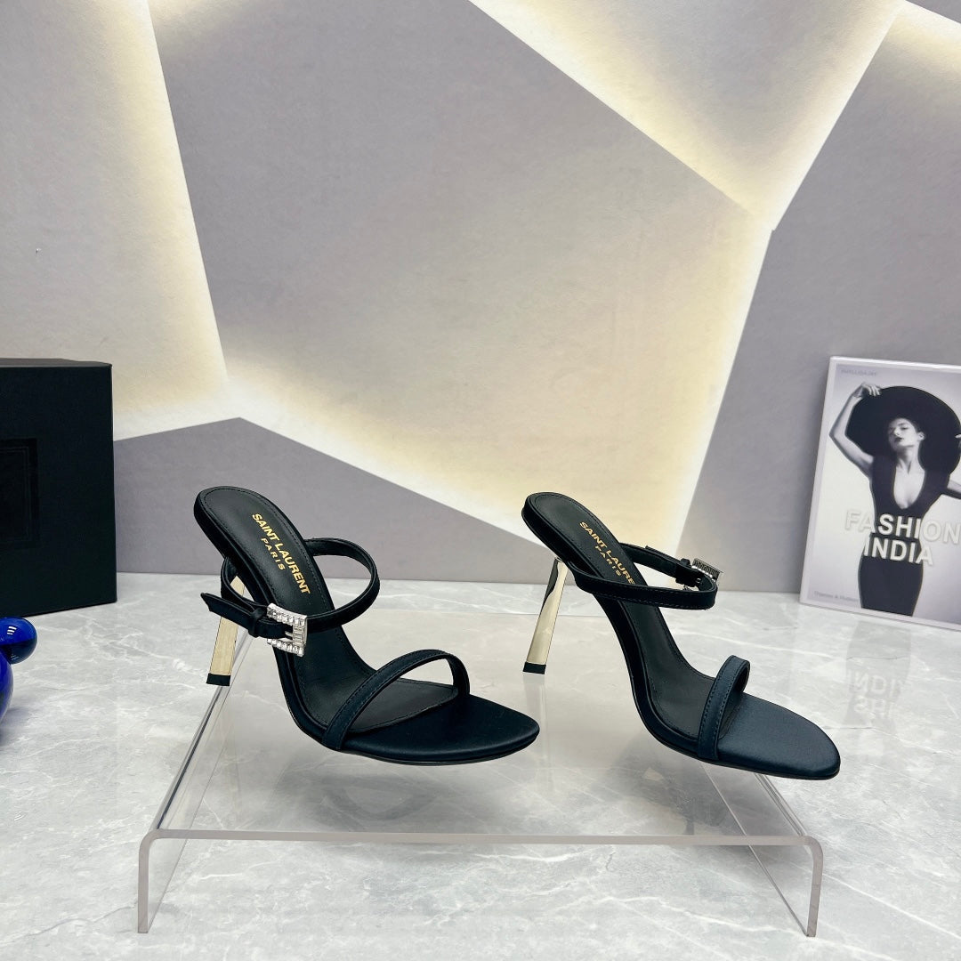 Luxury Saint Laurent SL CRYSTAL BUCKLE HIGH HEELS BLACK SATIN