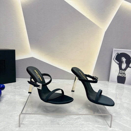 Luxury Saint Laurent SL CRYSTAL BUCKLE HIGH HEELS BLACK SATIN
