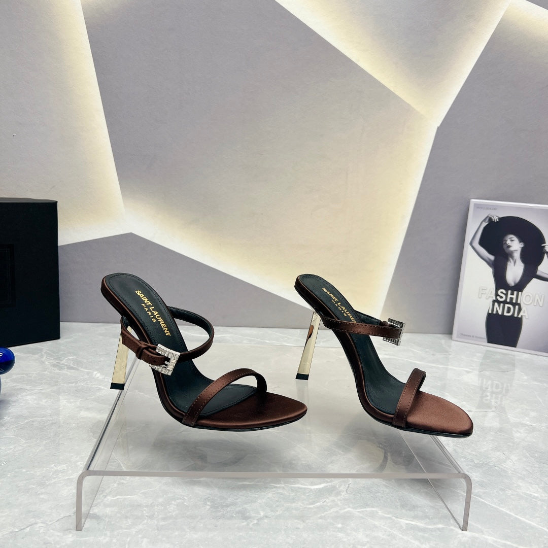Luxury Saint Laurent SL CRYSTAL BUCKLE HIGH HEELS BROWN SATIN
