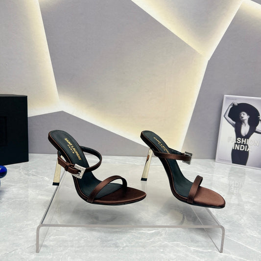 Luxury Saint Laurent SL CRYSTAL BUCKLE HIGH HEELS BROWN SATIN