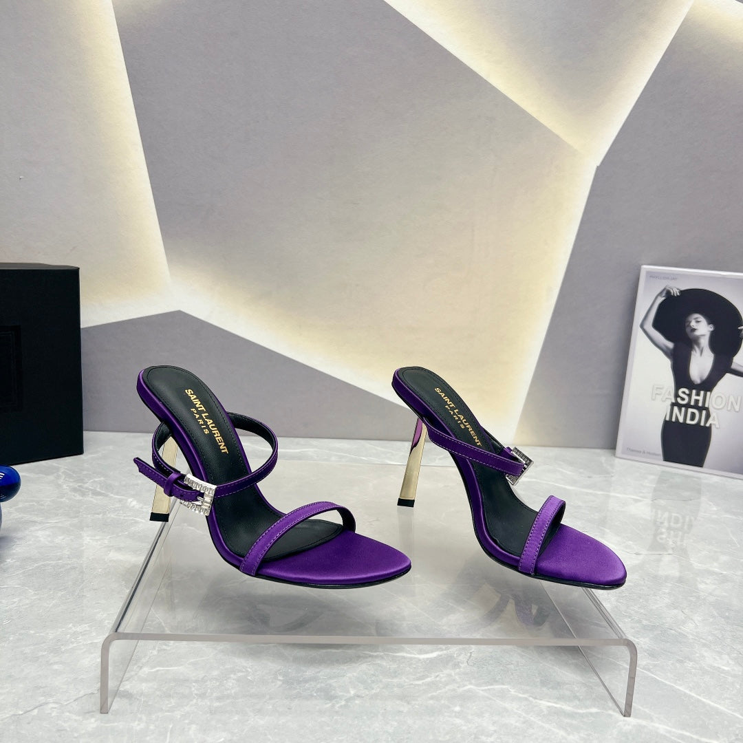 Luxury Saint Laurent SL CRYSTAL BUCKLE HIGH HEELS VIOLET SATIN
