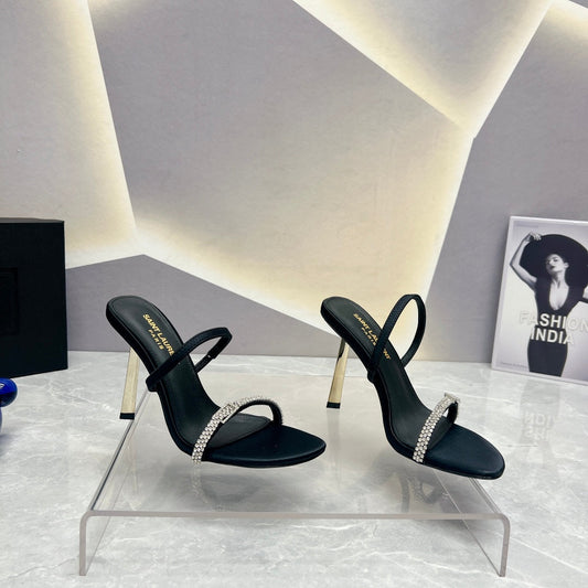 Luxury Saint Laurent SL CRYSTAL THIN BELT HIGH HEELS BLACK SATIN
