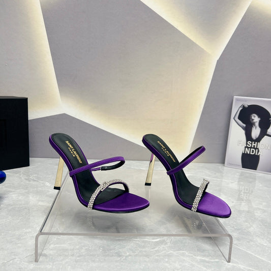 Luxury Saint Laurent SL CRYSTAL THIN BELT HIGH HEELS VIOLET SATIN