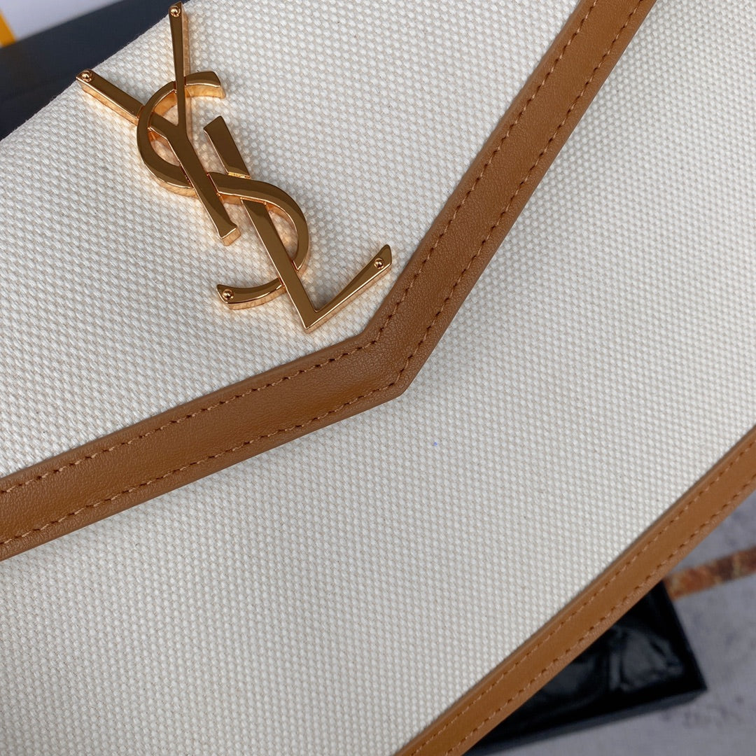 Luxury Saint Laurent UPTOWN POUCH 27 IN WHITE CANVAS AND BROWN LEATHER TRIM GOLD LOGO