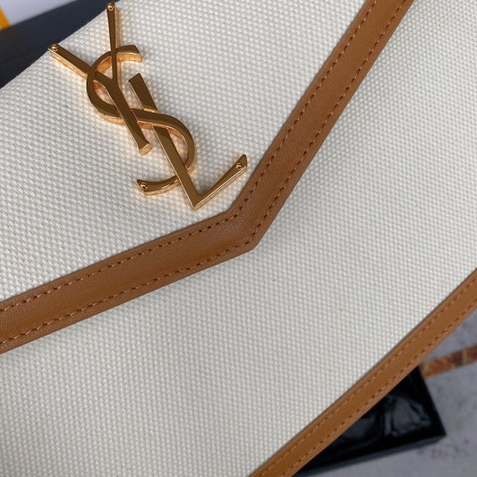 Luxury Saint Laurent UPTOWN POUCH 27 IN WHITE CANVAS AND BROWN LEATHER TRIM GOLD LOGO