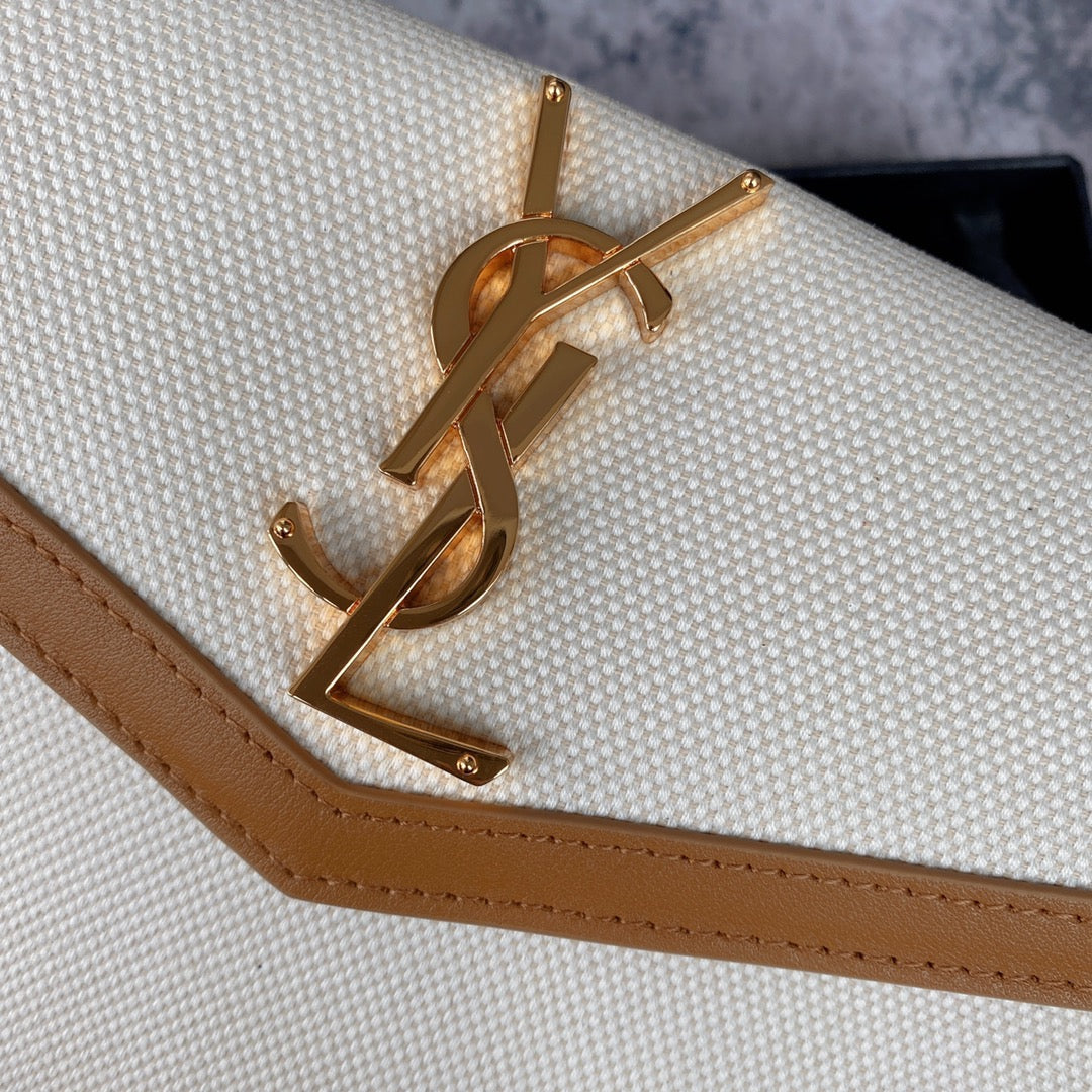 Luxury Saint Laurent UPTOWN POUCH 27 IN WHITE CANVAS AND BROWN LEATHER TRIM GOLD LOGO