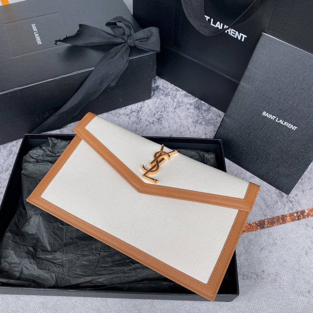 Luxury Saint Laurent UPTOWN POUCH 27 IN WHITE CANVAS AND BROWN LEATHER TRIM GOLD LOGO