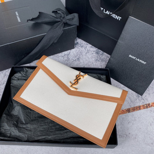 Luxury Saint Laurent UPTOWN POUCH 27 IN WHITE CANVAS AND BROWN LEATHER TRIM GOLD LOGO