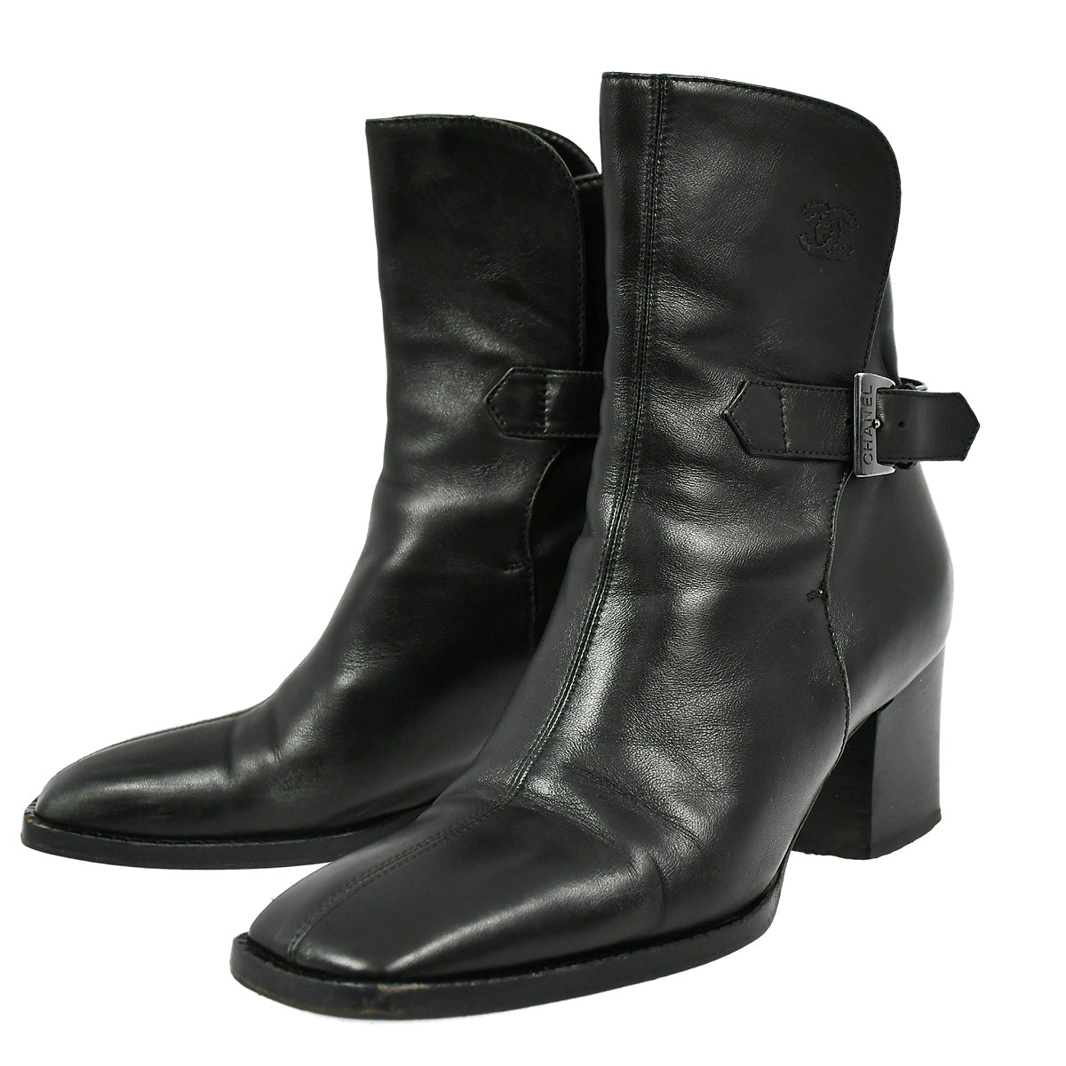 Luxury Chanel * Black Leather Short Boots Shoes #36 1/2