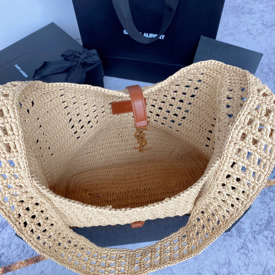 Luxury Saint Laurent le 5a7 large 30cm woven raffia brown calfskin