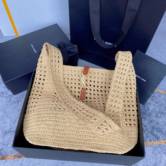 Luxury Saint Laurent le 5a7 large 30cm woven raffia brown calfskin