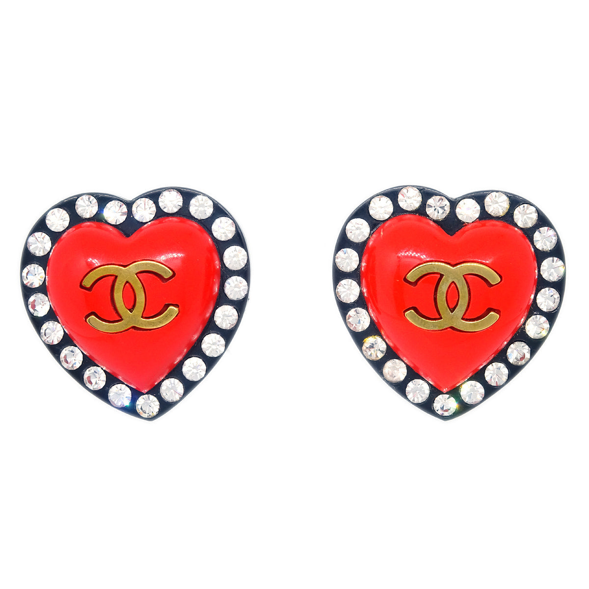Luxury Chanel Heart Rhinestone Earrings Clip-On Red 95P