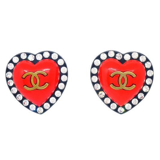 Luxury Chanel Heart Rhinestone Earrings Clip-On Red 95P
