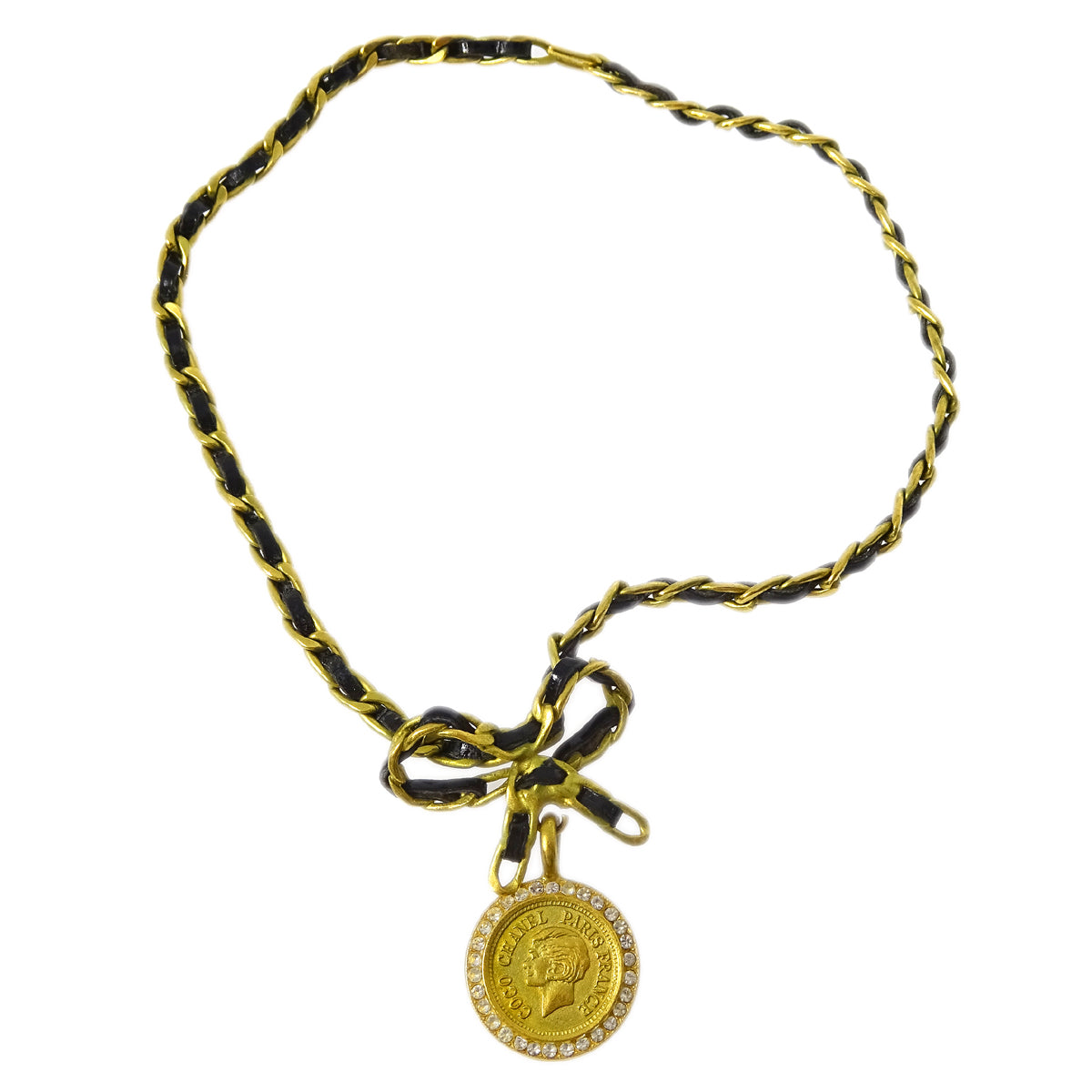 Luxury Chanel Gold Black Bow Medallion Rhinestone Pendant Necklace 95P