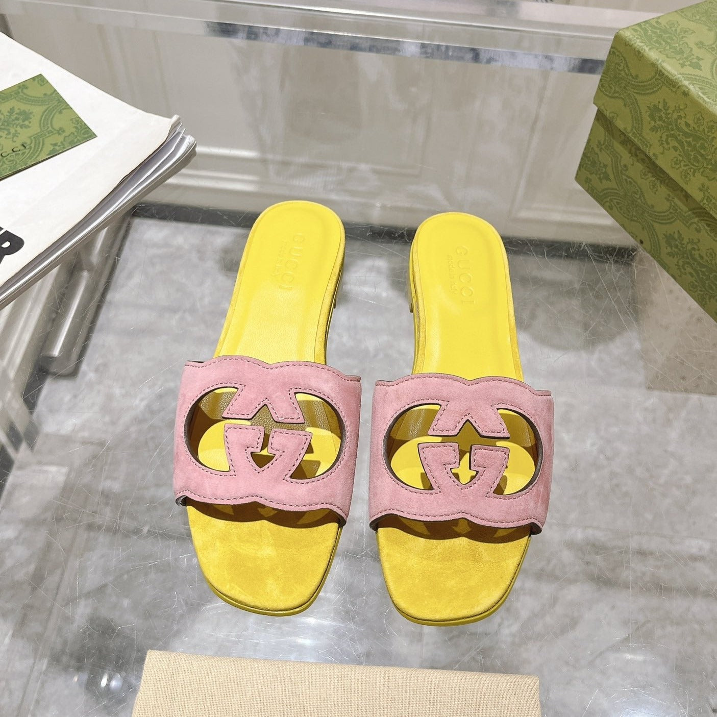 Luxury Gucci GG  Interlocking double G hollow slippers Blush Pink Yellow