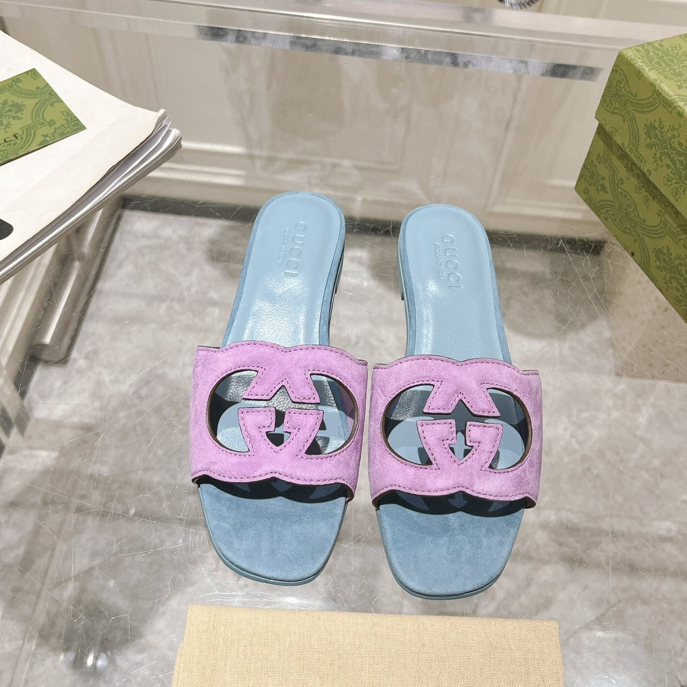 Luxury Gucci GG  Interlocking double G hollow slippers Orchid Purple Blue