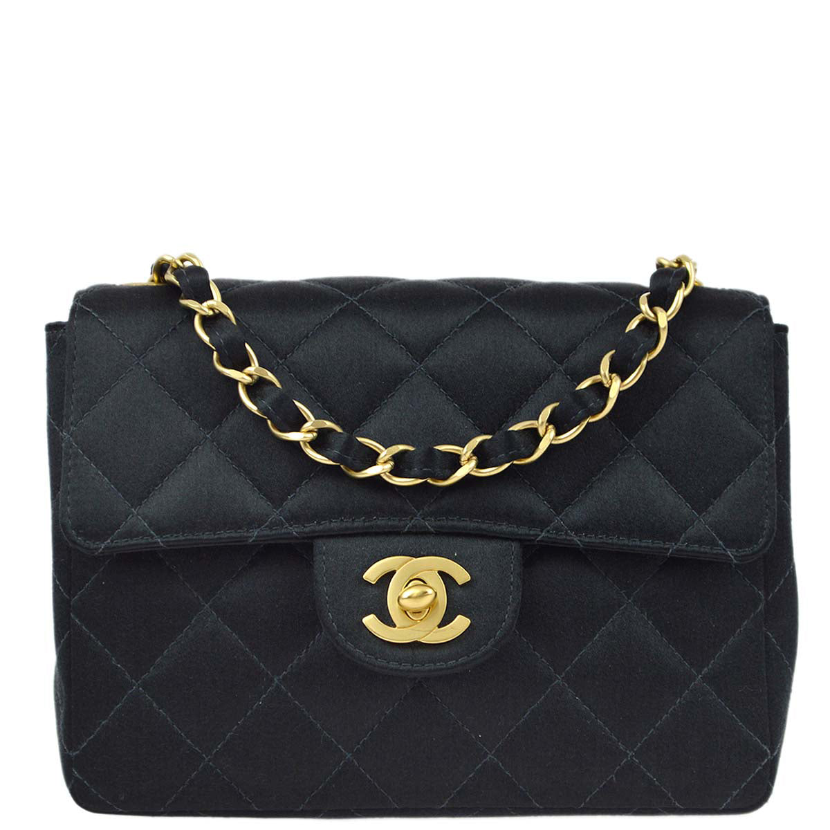Luxury Chanel 2000-2001 Black Satin Mini Classic Square Flap Shoulder Bag 17