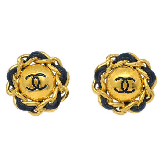 Luxury Chanel Gold Black Button Earrings Clip-On 93P