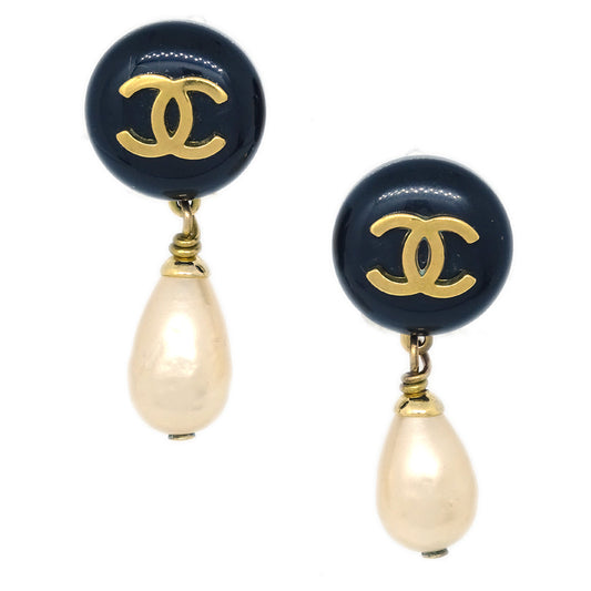 Luxury Chanel Artificial Pearl Dangle Earrings Clip-On Gold 94A