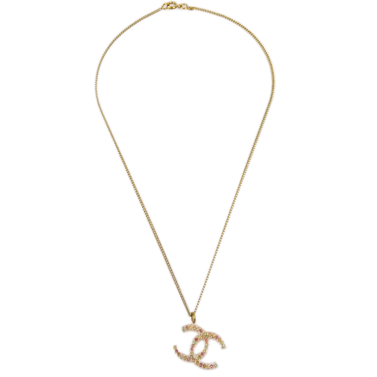 Luxury Chanel CC Chain Pendant Necklace Rhinestone Gold 04A