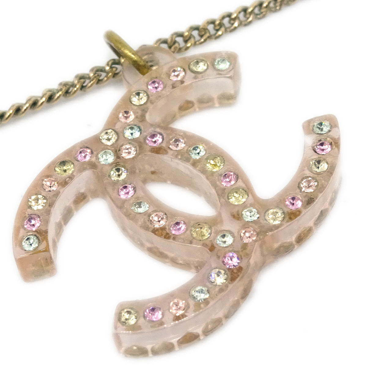 Luxury Chanel CC Chain Pendant Necklace Rhinestone Gold 04A