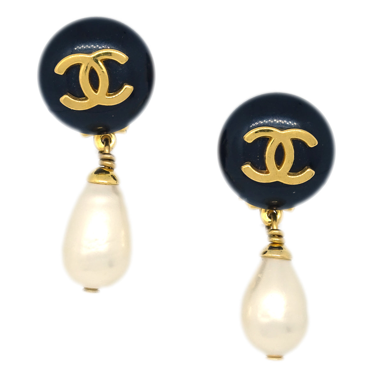 Luxury Chanel Artificial Pearl Dangle Earrings Clip-On Gold 96P