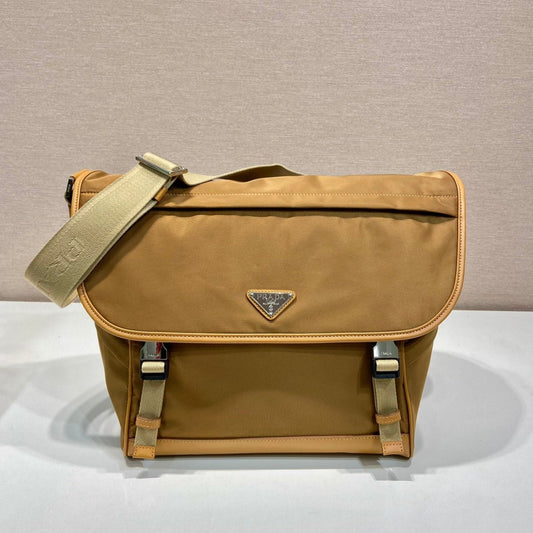 Luxury PradaLARGE FLAP BAG 30 IN CIDER BROWN RE-NYLON AND CALFSKIN TRIM