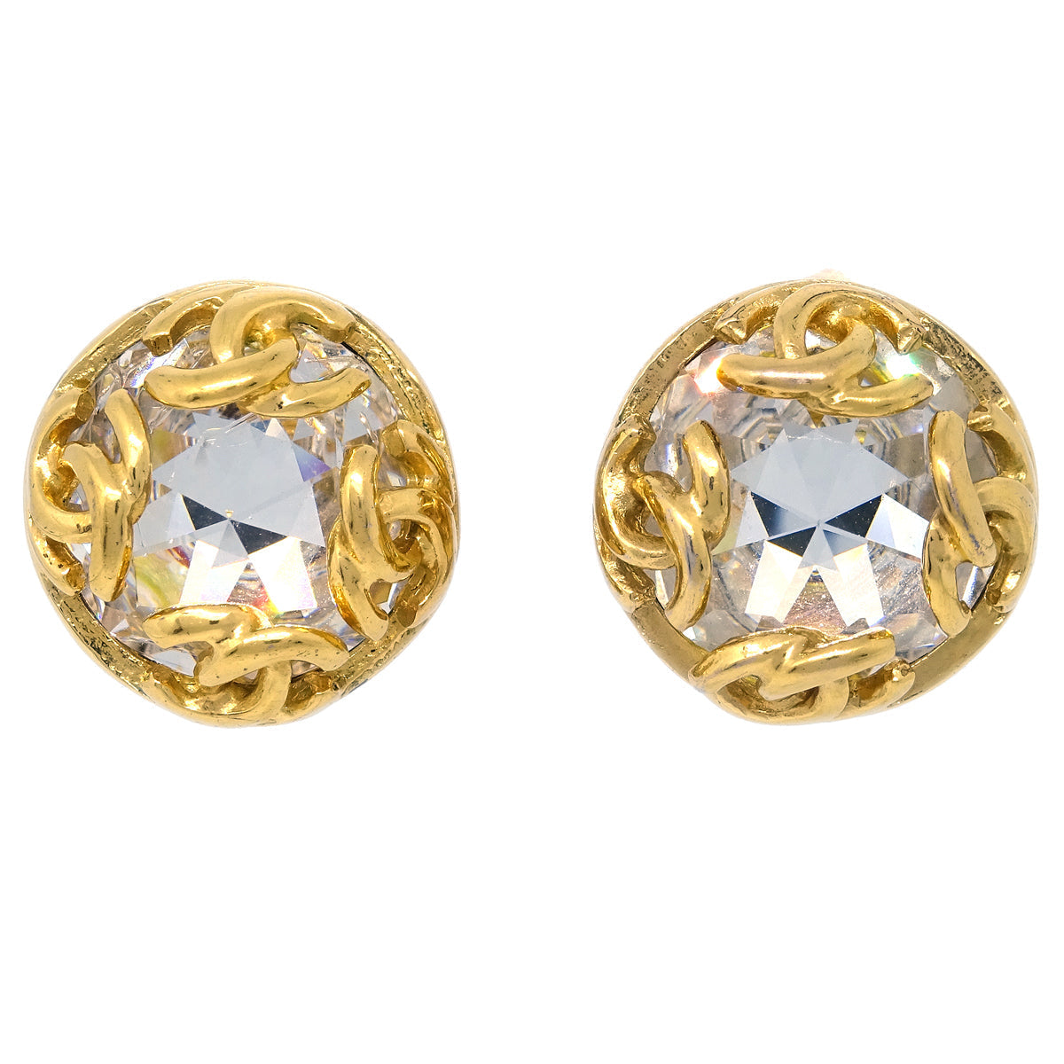 Luxury Chanel Gold Button Earrings Clip-On Rhinestone