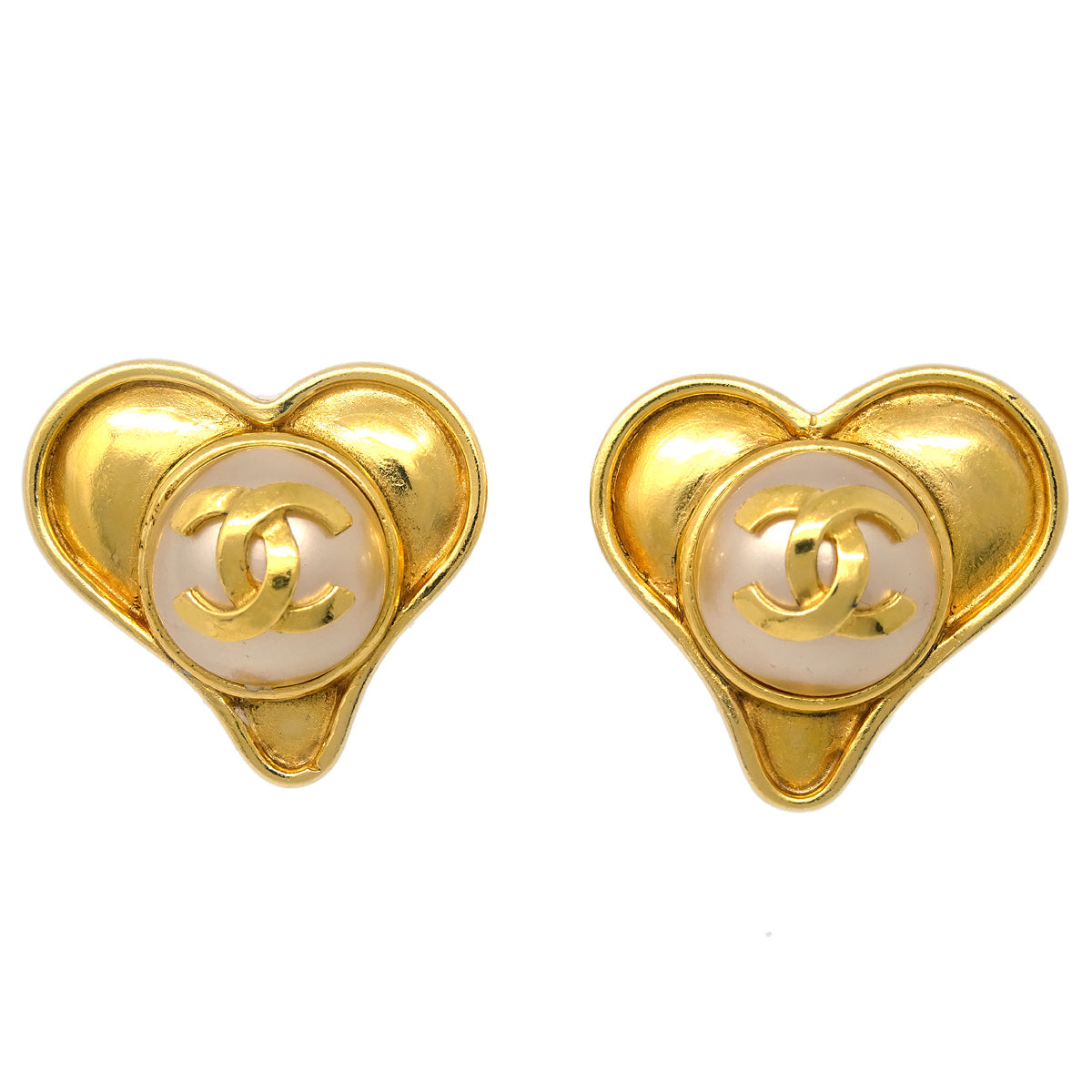 Luxury Chanel Gold Heart Earrings Clip-On Artificial Pearl 95P