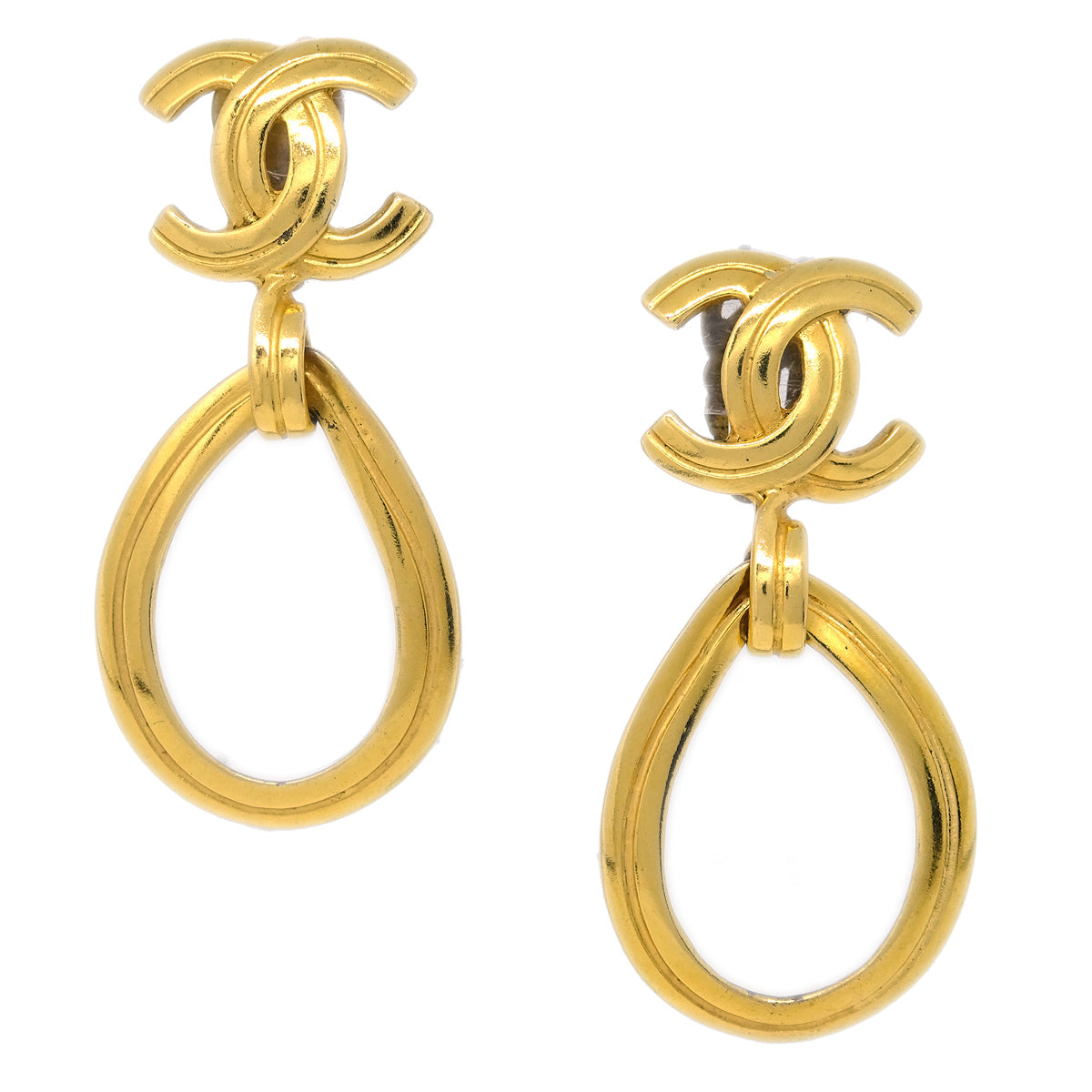 Luxury Chanel Dangle Hoop Earrings Gold Clip-On 96P
