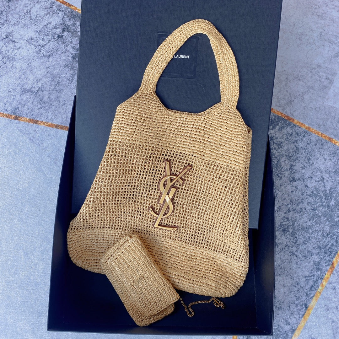 Luxury Saint Laurent icare 58cm woven raffia brown calfskin