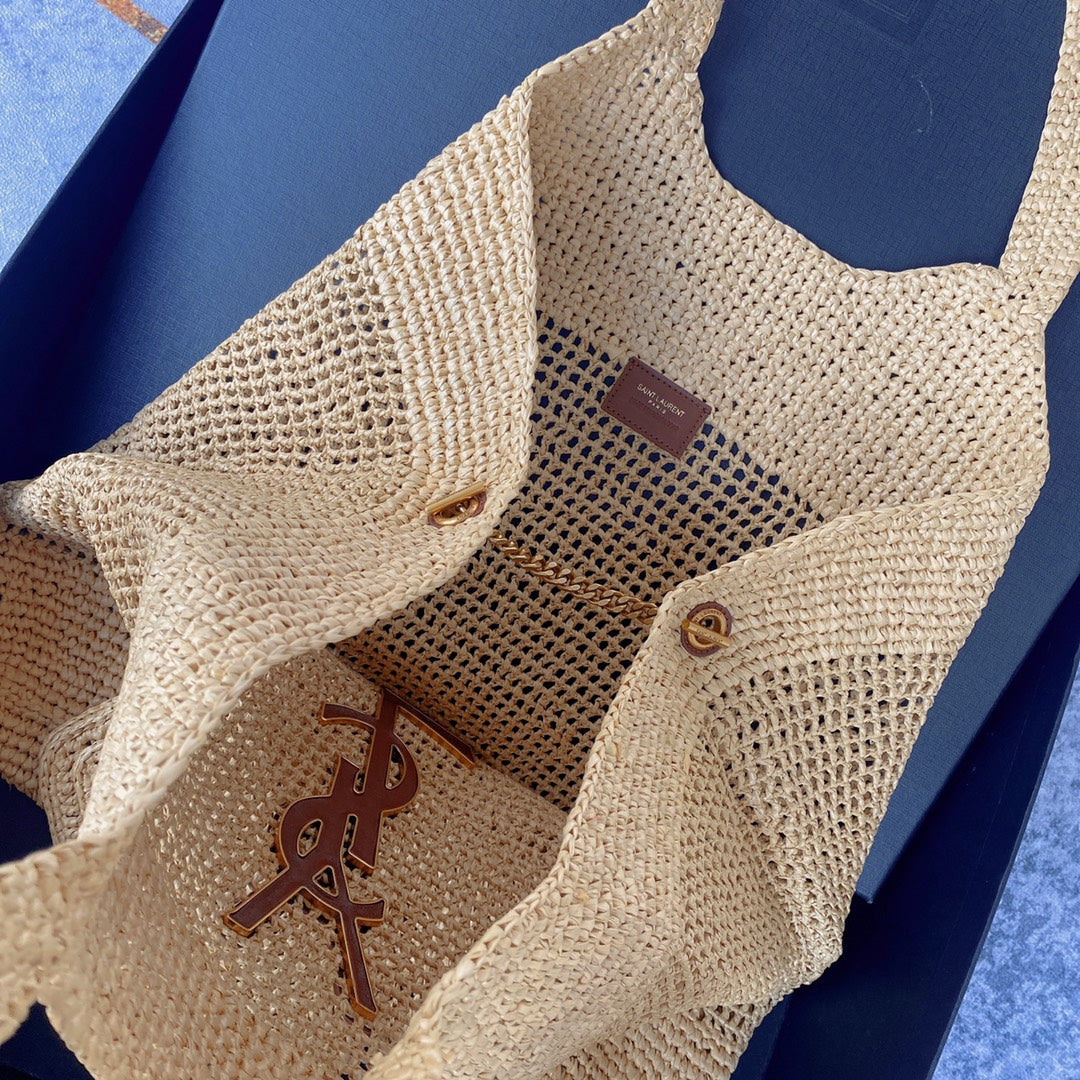 Luxury Saint Laurent icare 58cm woven raffia brown calfskin