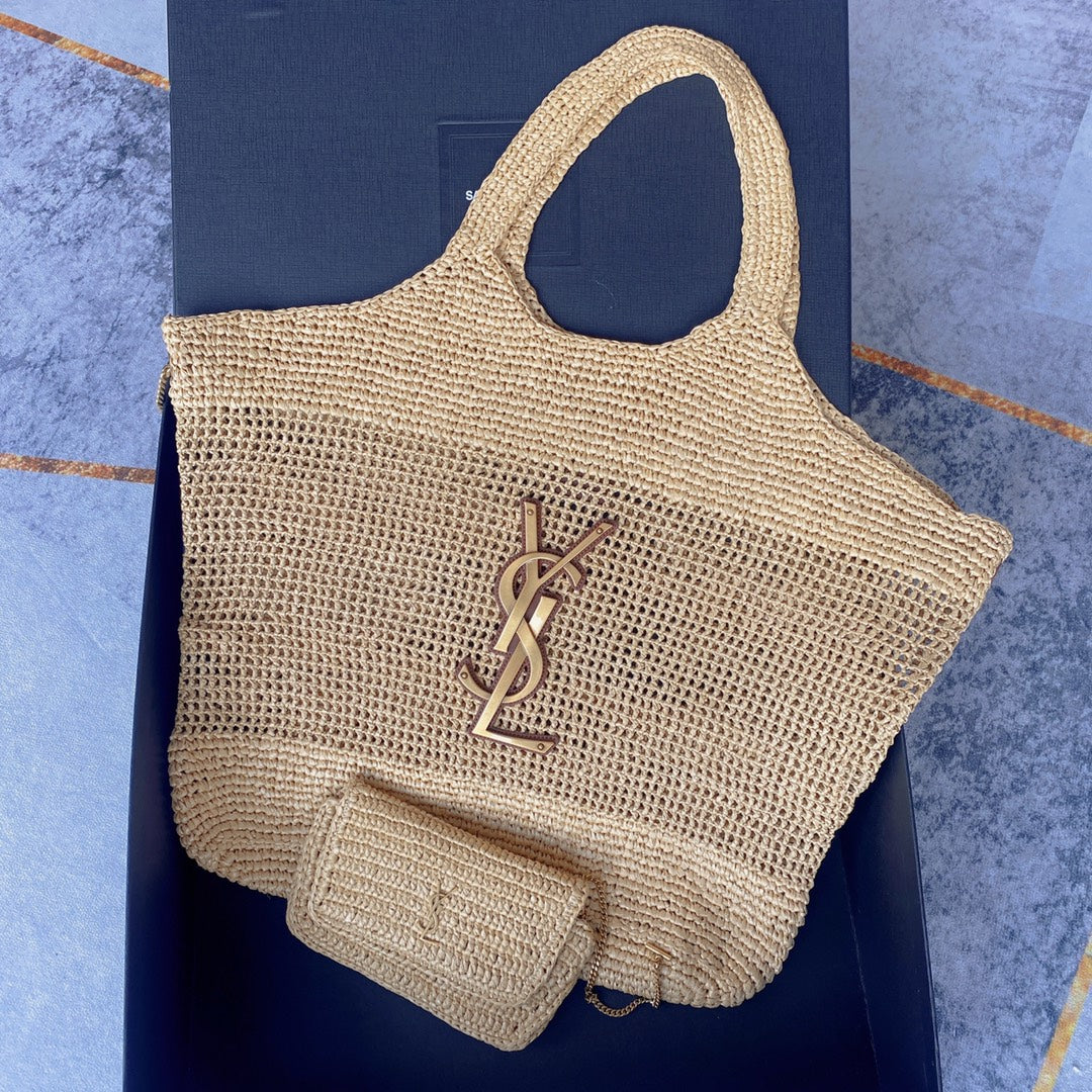 Luxury Saint Laurent icare 58cm woven raffia brown calfskin