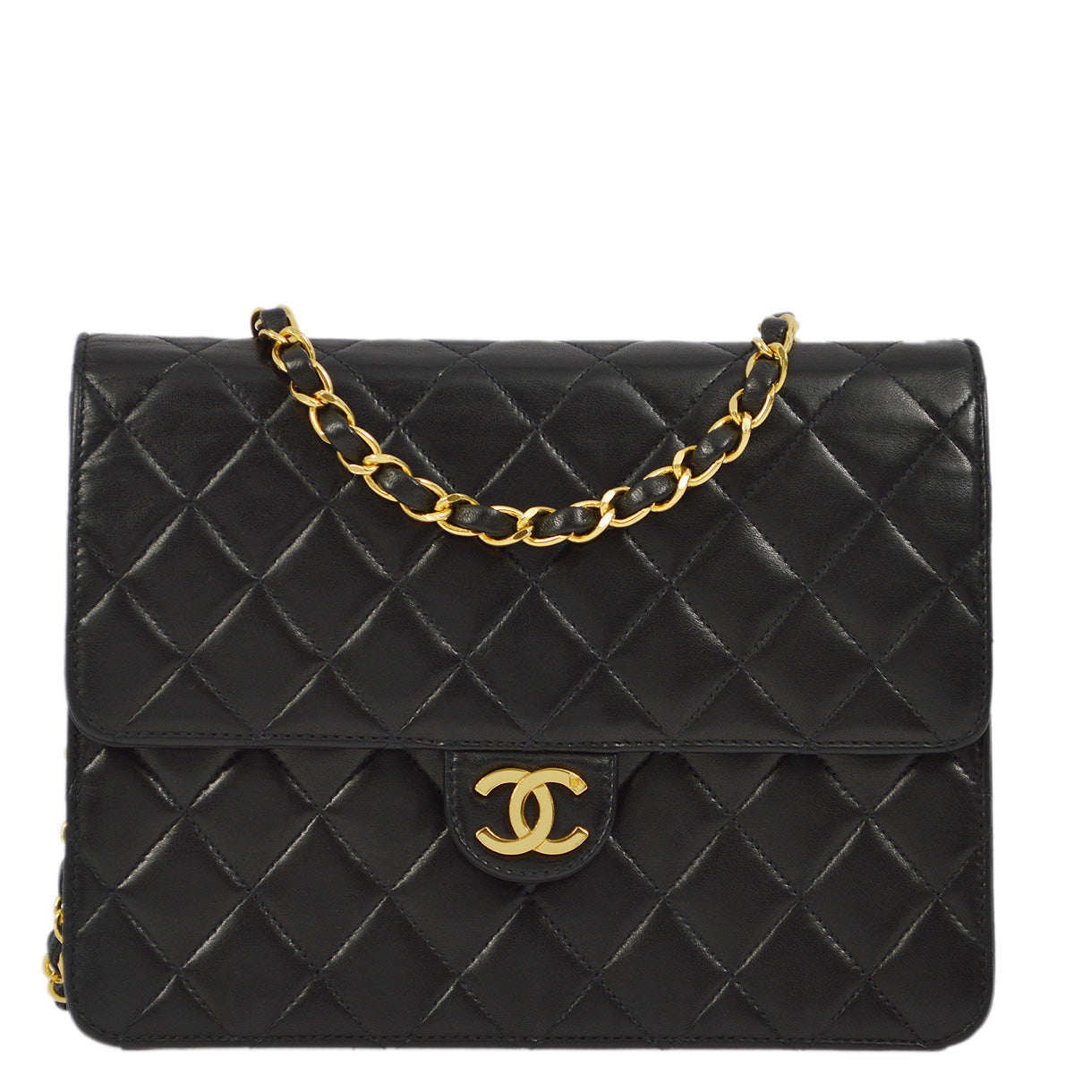 Luxury Chanel 1996-1997 Black Lambskin Pushlock Small Half Flap Shoulder Bag