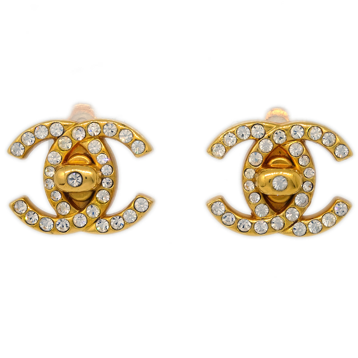 Luxury Chanel Gold CC Turnlock Earrings Rhinestone Clip-On 96A