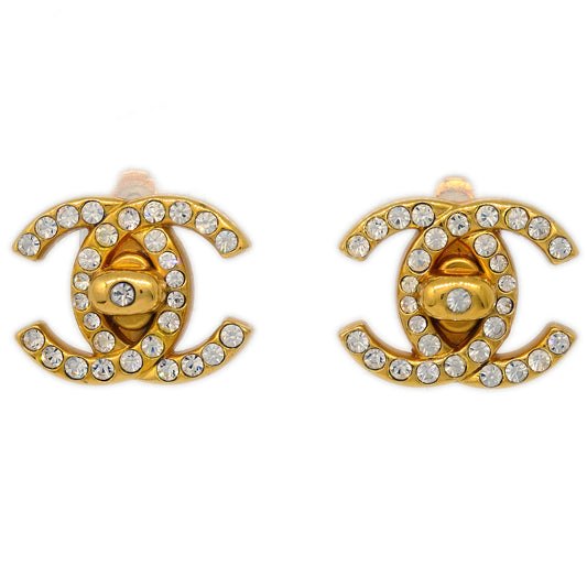 Luxury Chanel Gold CC Turnlock Earrings Rhinestone Clip-On 96A