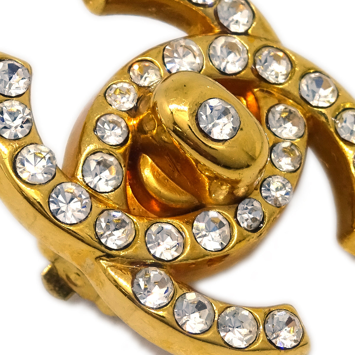 Luxury Chanel Gold CC Turnlock Earrings Rhinestone Clip-On 96A