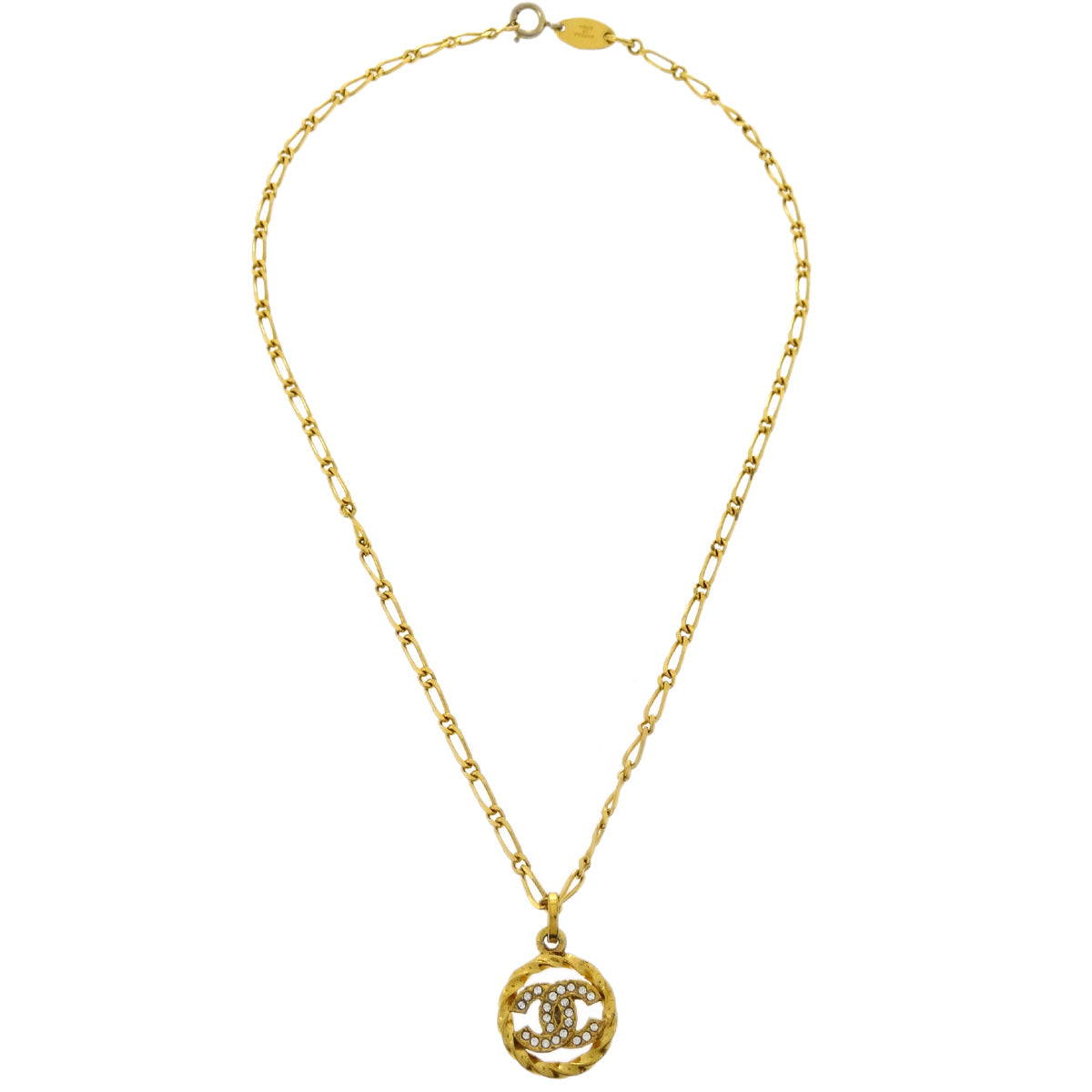 Luxury Chanel Medallion Pendant Necklace Rhinestone Gold 3438/1982