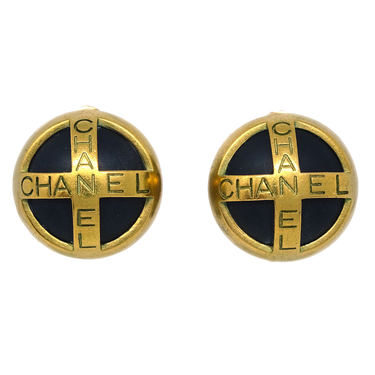 Luxury Chanel Button Earrings Clip-On Black Gold 94A